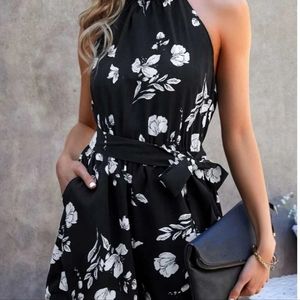 Floral Backless Belted Halter Romper
